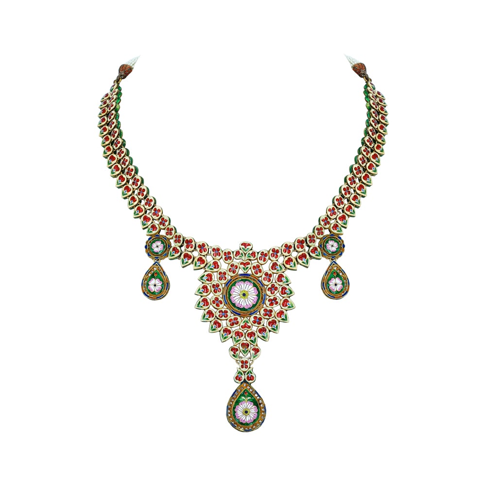 Rhodolite Cabochon Necklace with Polki Diamonds and Teardrops